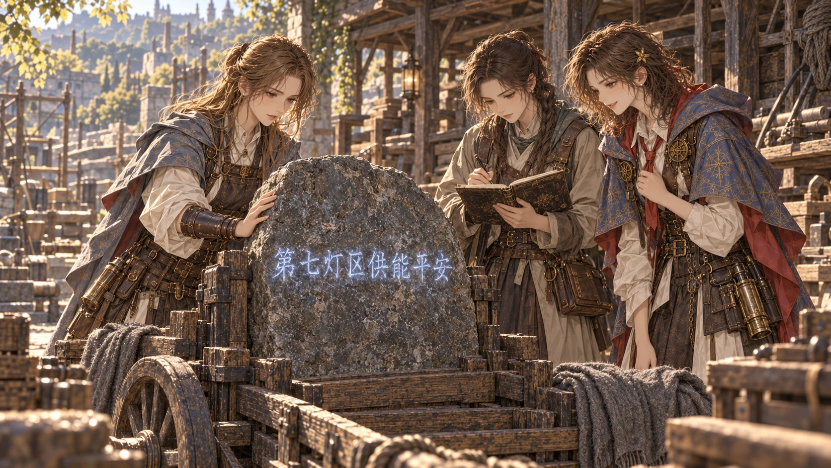 工坊料棚旁，艾琳触着归首碑，碑面答复第七灯区供能平安；苏弥记录答复，小语暂时松下肩膀。