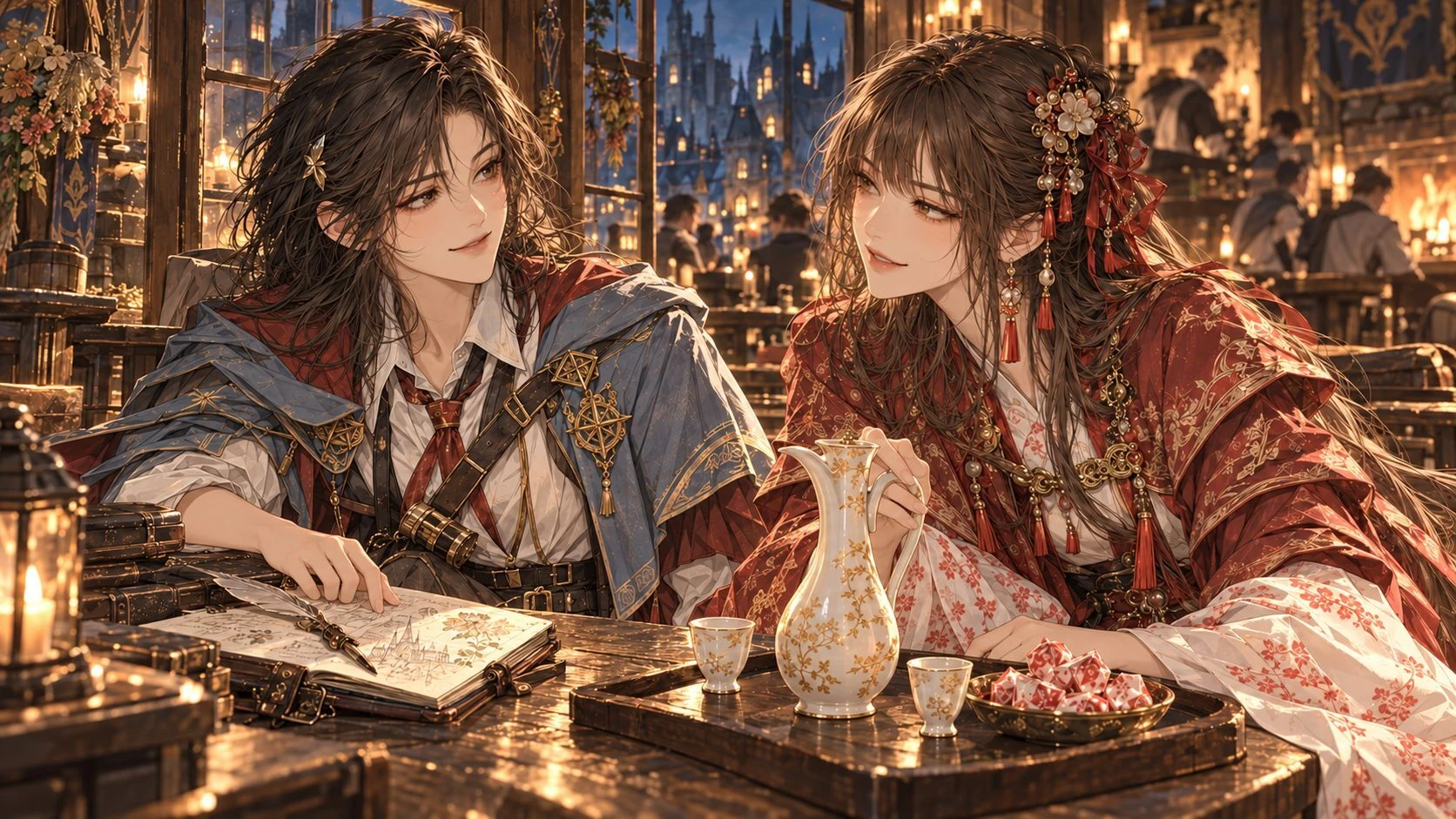 酒馆里的炉火烧得正旺。

酥心糖将一只白瓷酒壶放在桌上，壶身绘着细细的桂花纹。"猜猜这是什么？"小语放下笔记，仔细端详了一会儿。

"酒？这壶倒是很漂亮。"

"从东方带来的桂花酒。"酥心糖笑吟吟地说，"我们那儿，
有时候会拿花来给酒起名字。"

"所以呢？"

"所以我还带来一句家乡的话。"

酥心糖把酒壶向桌子中央挪了挪，托着下巴，忽然将声音放轻。

"酒不醉人，人自醉。"

小语眨了眨眼。

"什么意思？"

"就是说呀﹣-"酥心糖故意拖长了声音，"有时候让人心神
不宁的，未必是酒。"

她没有继续往下说，只是笑着望向小语。

小语看了她片刻，终于明白了。

"你是不是在拐着弯说我？"

"哎呀，被发现了？"

"这有什么难发现的。"

小语若无其事地翻开笔记本，提笔写下一行字。

酥心糖好奇地凑过去。

"写什么呢？"

"现场记录。"

"记录什么？"

小语将笔记本转过去。

纸上端端正正地写着：

「酥心糖，疑似借东方酒文化实施言语调戏。」

酥心糖愣了一瞬，随即笑出声来。

"那你准备怎么处理？"

小语把笔放下，认真地看着她。

"还没想好。不过，按照学院的规定，证据应该先留着。""那我呢？"

"嫌疑人？"

"嗯哼？"

小语终于忍不住笑了。

"当然也得留下，配合调查。"

酥心糖微微挑眉。

她原本还想再说些什么，最后却只是托着下巴，看着眼前笑得有些得意的小语。"好呀。"

她轻轻敲了敲桌沿。

"那今晚，我就不走了。"

窗外夜色渐深。

桌上的桂花酒还未动过，两个空酒盏安静地映着炉火。至于究竟是谁先被谁逗得乱了心思，恐怕还要调查很久。